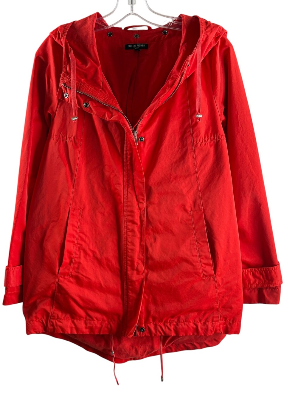 Eileen Fisher Bright Red Hooded Utility Zip Front Jacket $238 Retail